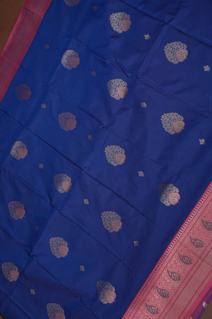 Royal Blue Semi Silk Saree with Pink Zari Border
