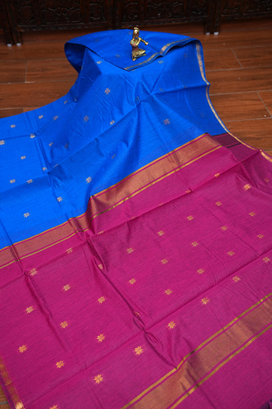 Maheshwari Silk Cotton Saree | Blue With Pink