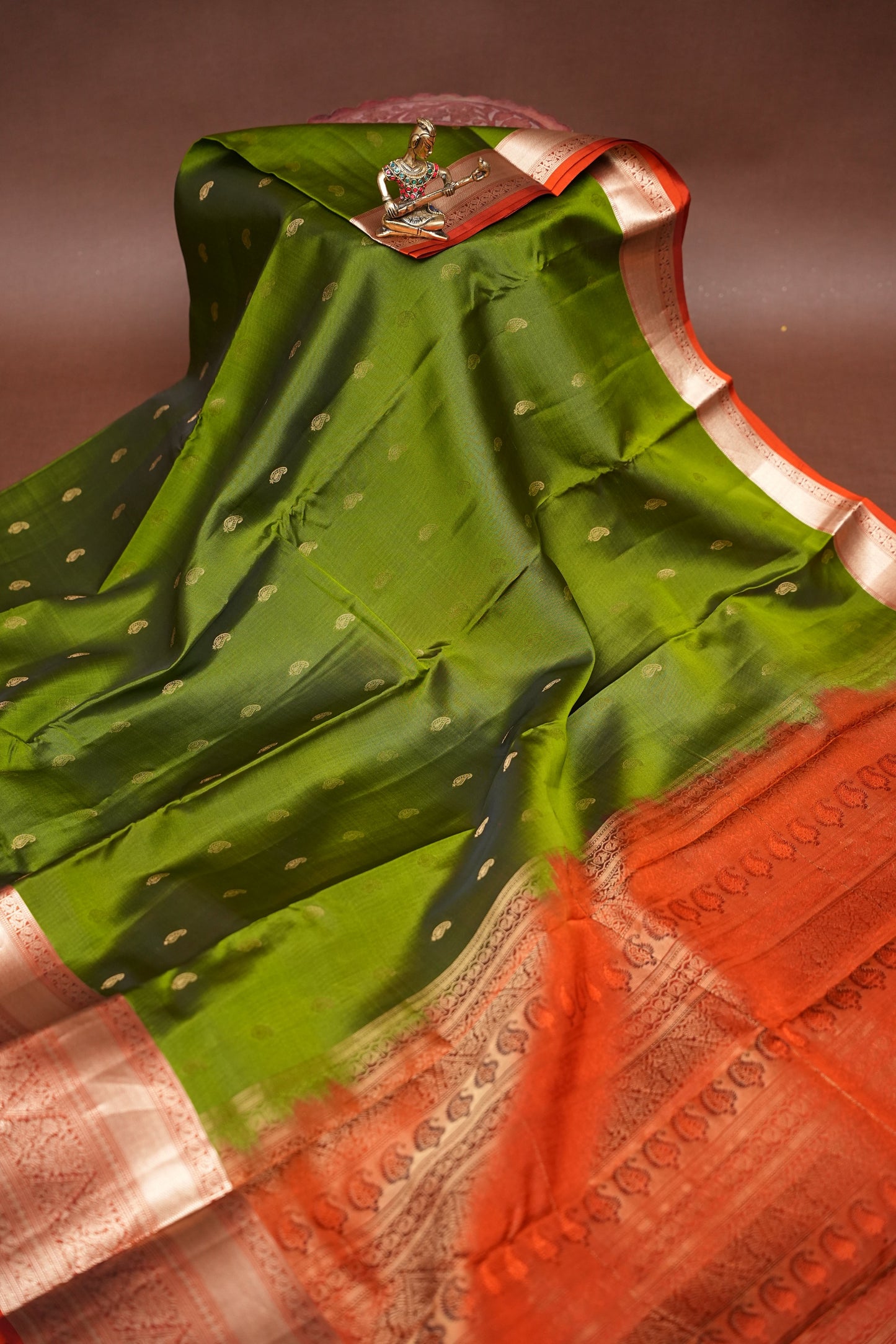 Pure Soft Silk Saree - Oliver Green & Rust| Silk Mark Certified