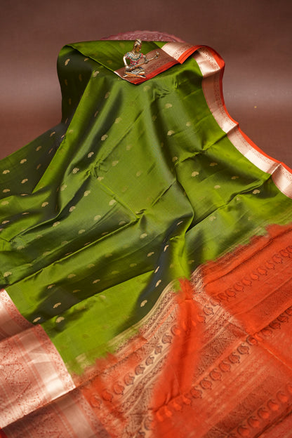 Pure Soft Silk Saree - Oliver Green & Rust| Silk Mark Certified