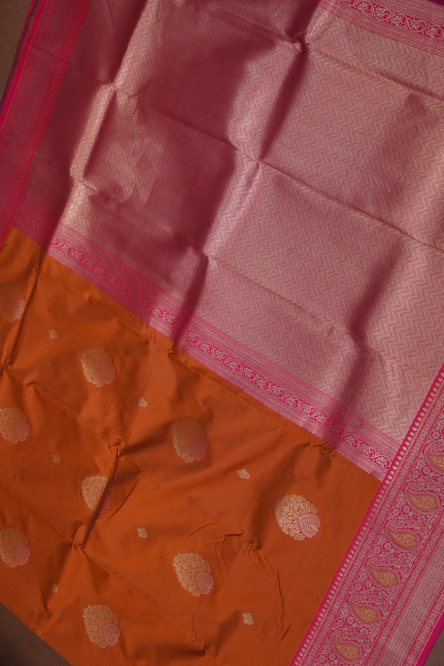 Rust Orange Semi Silk Saree with Pink Zari Border
