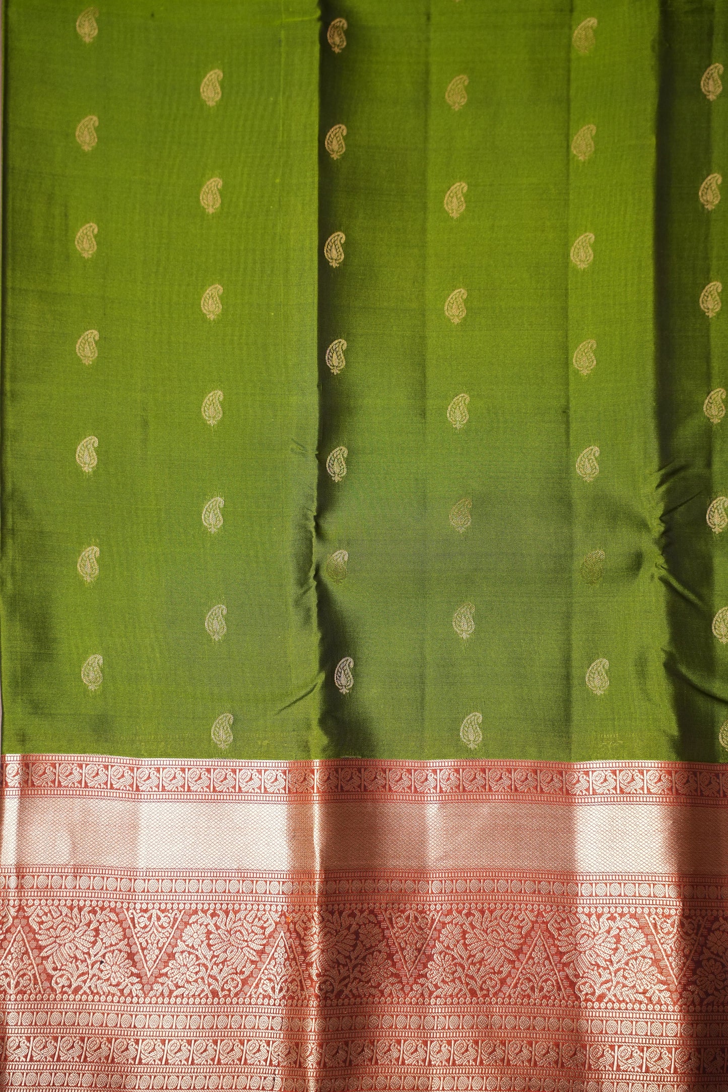 Pure Soft Silk Saree - Oliver Green & Rust| Silk Mark Certified