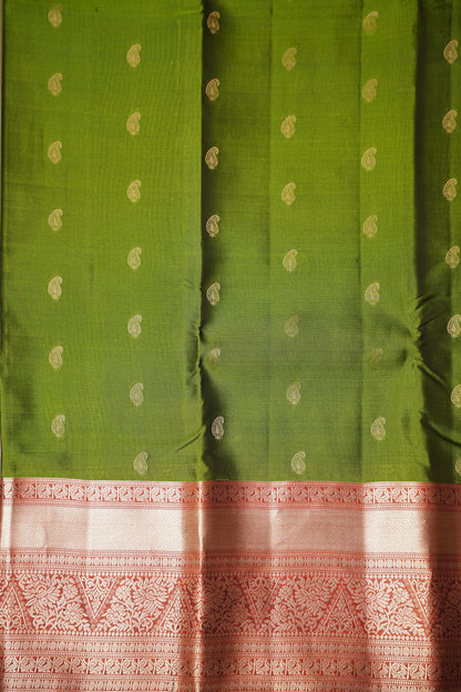 Pure Soft Silk Saree - Oliver Green & Rust| Silk Mark Certified