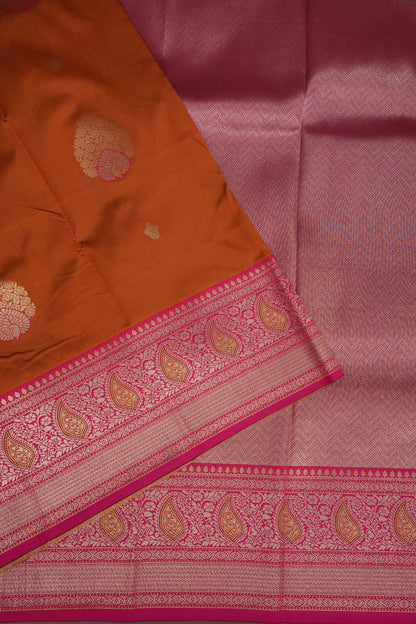 Rust Orange Semi Silk Saree with Pink Zari Border