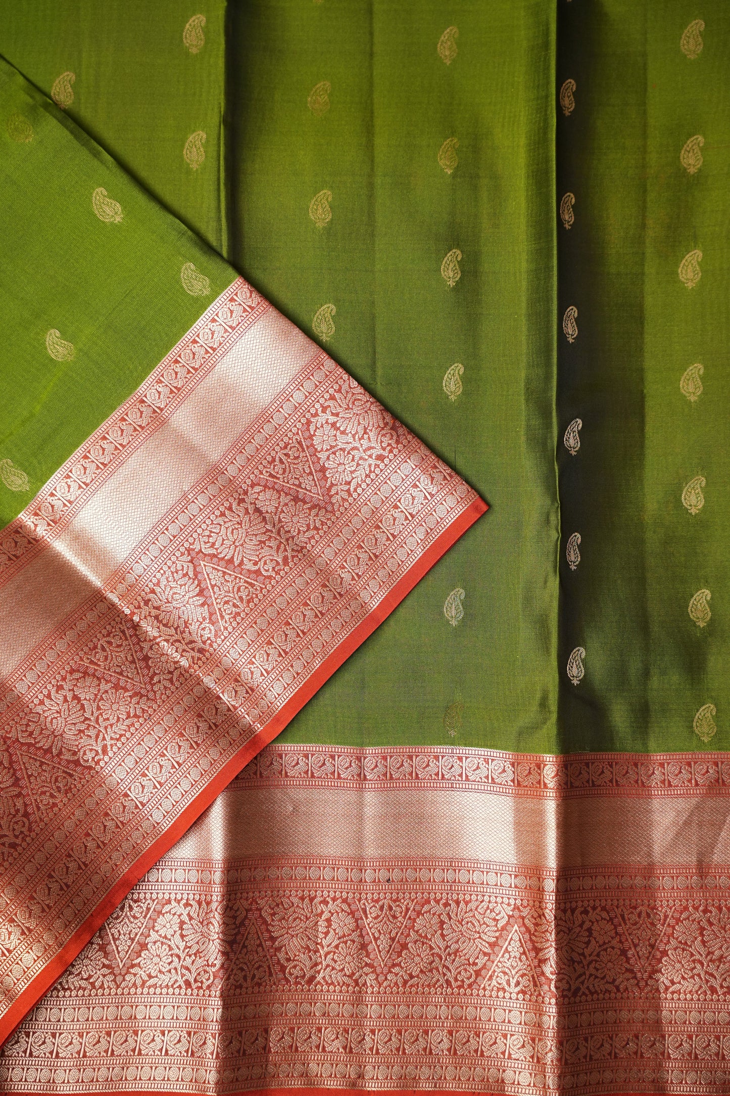 Pure Soft Silk Saree - Oliver Green & Rust| Silk Mark Certified