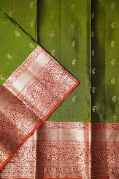Pure Soft Silk Saree - Oliver Green & Rust| Silk Mark Certified