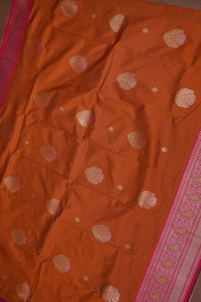 Rust Orange Semi Silk Saree with Pink Zari Border