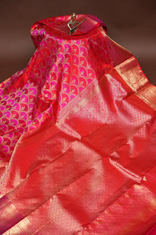 Pure Kanchipuram Silk Saree in Fusion Concept - Red & Pink| Silk Mark Certified