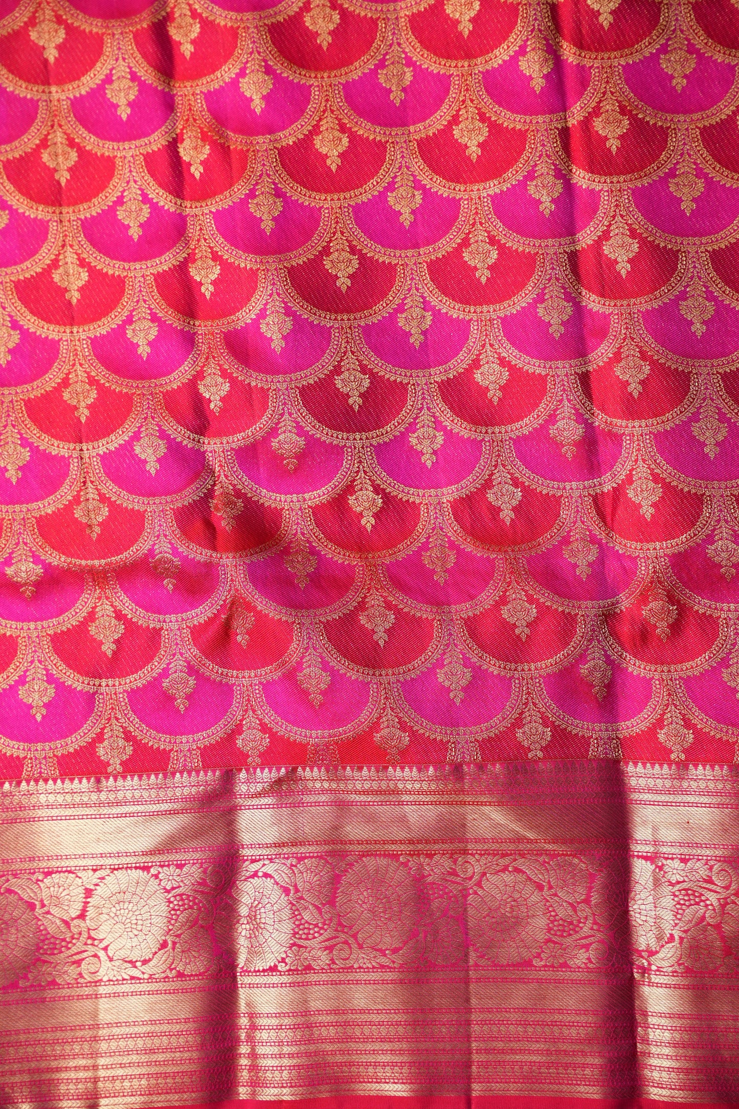 Pure Kanchipuram Silk Saree in Fusion Concept - Red & Pink| Silk Mark Certified