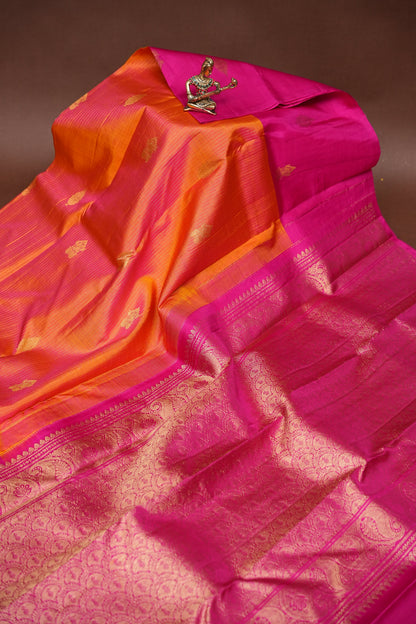 Orange & Rani Pink Dual Tone Pure Kanchivaram Silk Saree with Zari Buttas| Silk Mark Certified