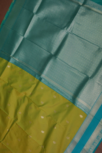 Lime Green Semi Silk Saree with Aqua Blue Silver Zari Border