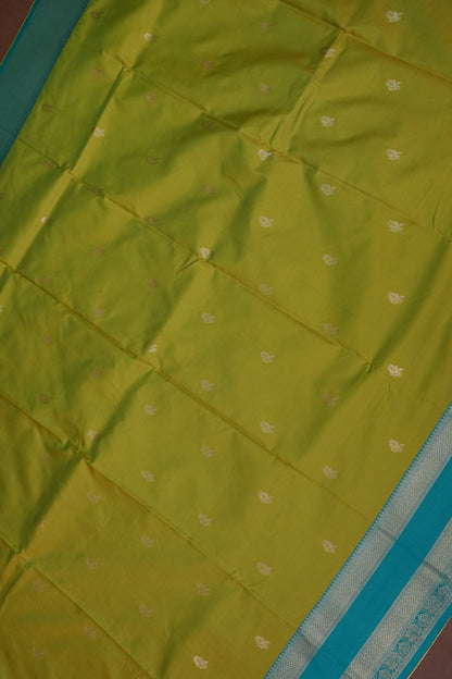 Lime Green Semi Silk Saree with Aqua Blue Silver Zari Border