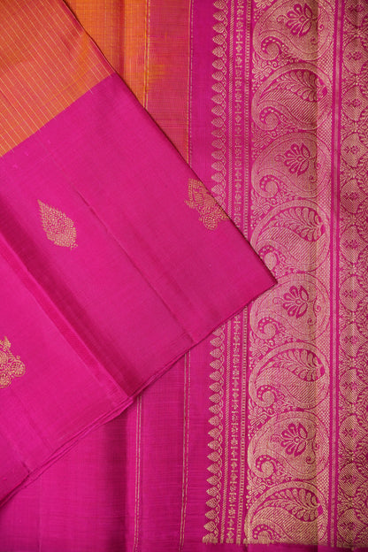 Orange & Rani Pink Dual Tone Pure Kanchivaram Silk Saree with Zari Buttas| Silk Mark Certified
