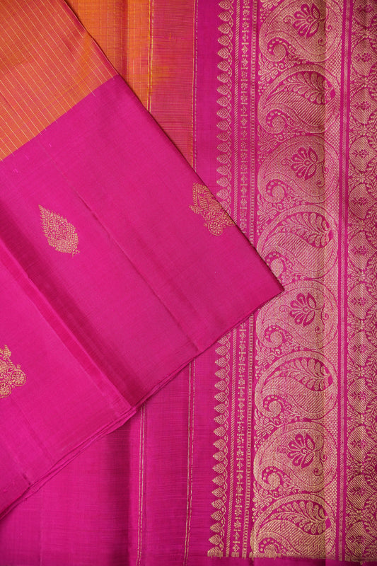 Orange & Rani Pink Dual Tone Pure Kanchivaram Silk Saree with Zari Buttas| Silk Mark Certified