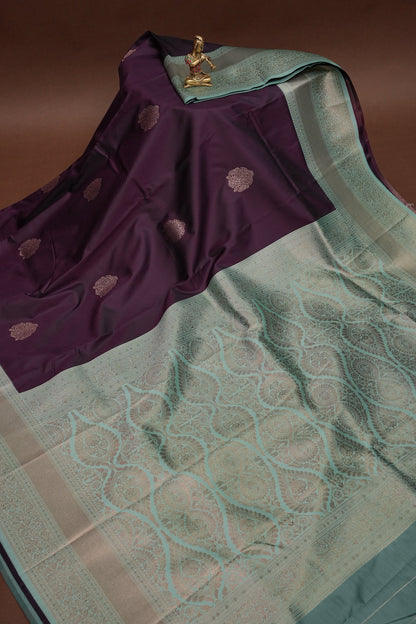 Deep Purple Semi Silk Saree with Sea Green Zari Border