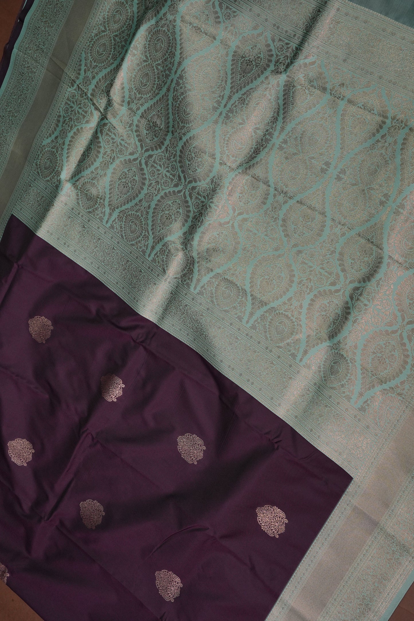 Deep Purple Semi Silk Saree with Sea Green Zari Border