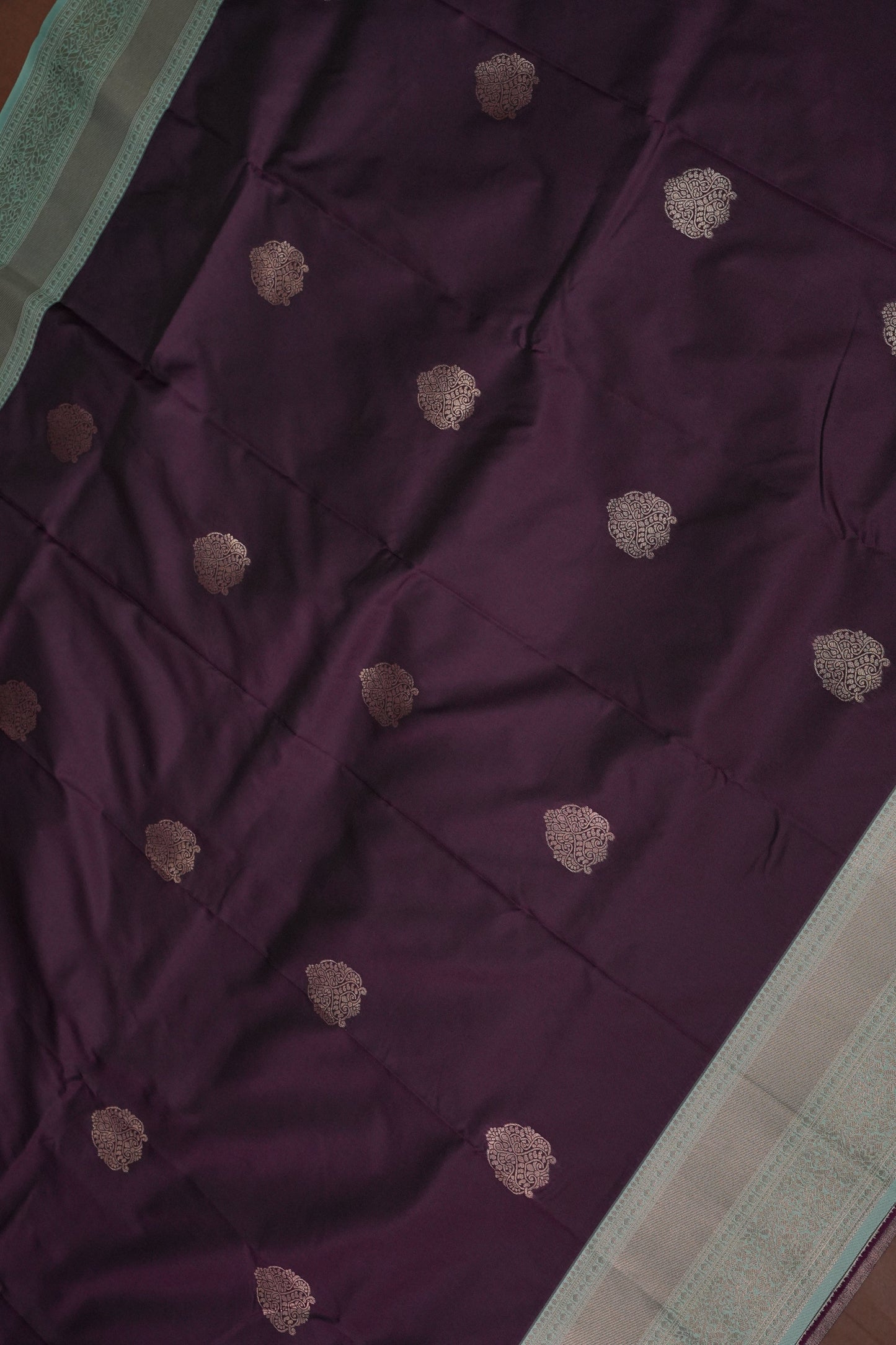 Deep Purple Semi Silk Saree with Sea Green Zari Border