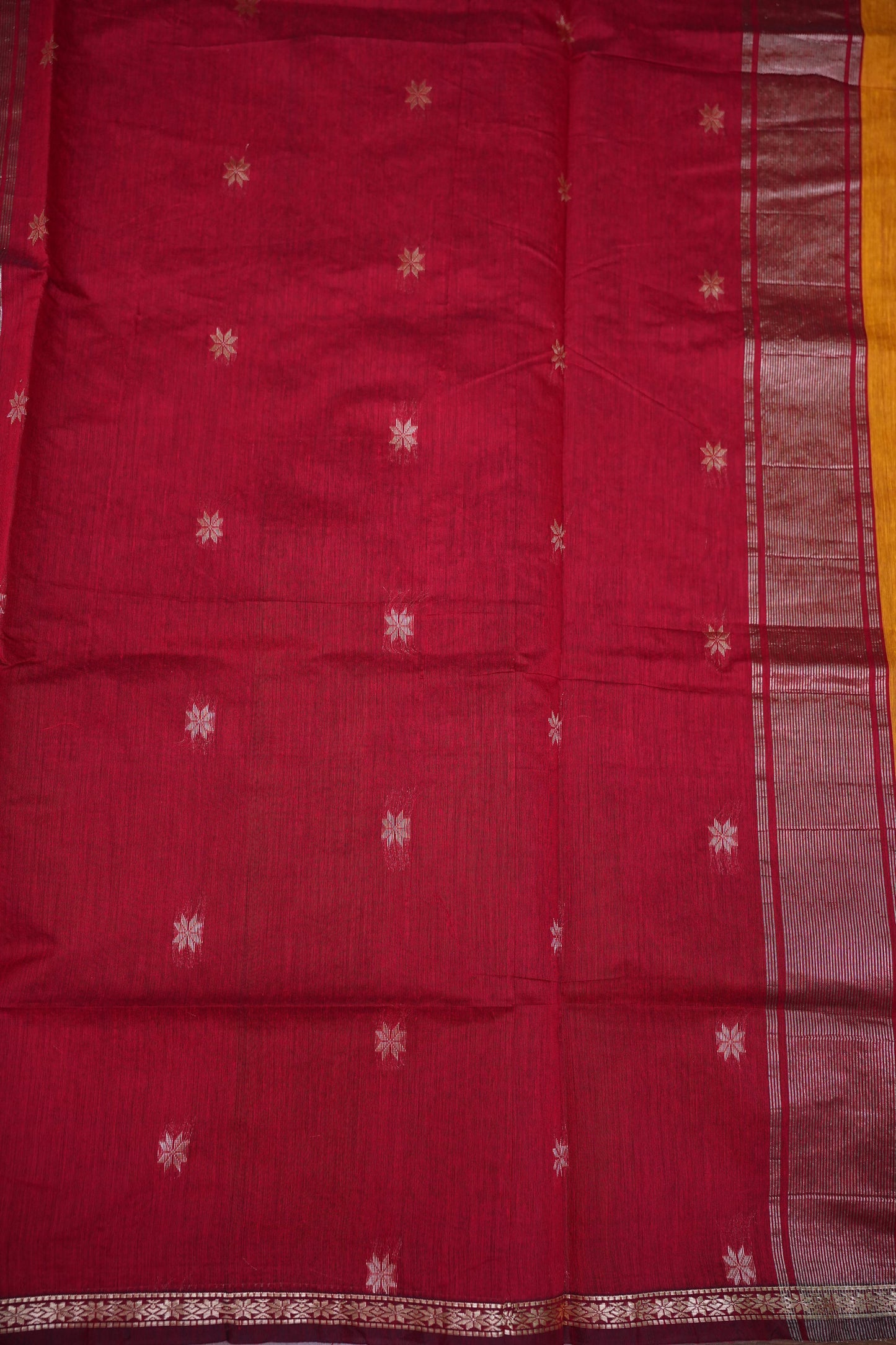 Maheshwari Silk Cotton Saree | Mustard With Red