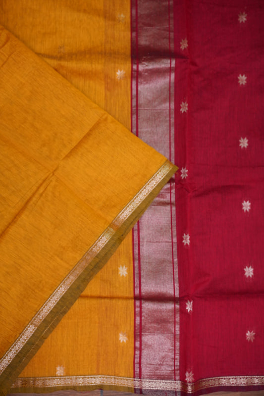 Maheshwari Silk Cotton Saree | Mustard With Red