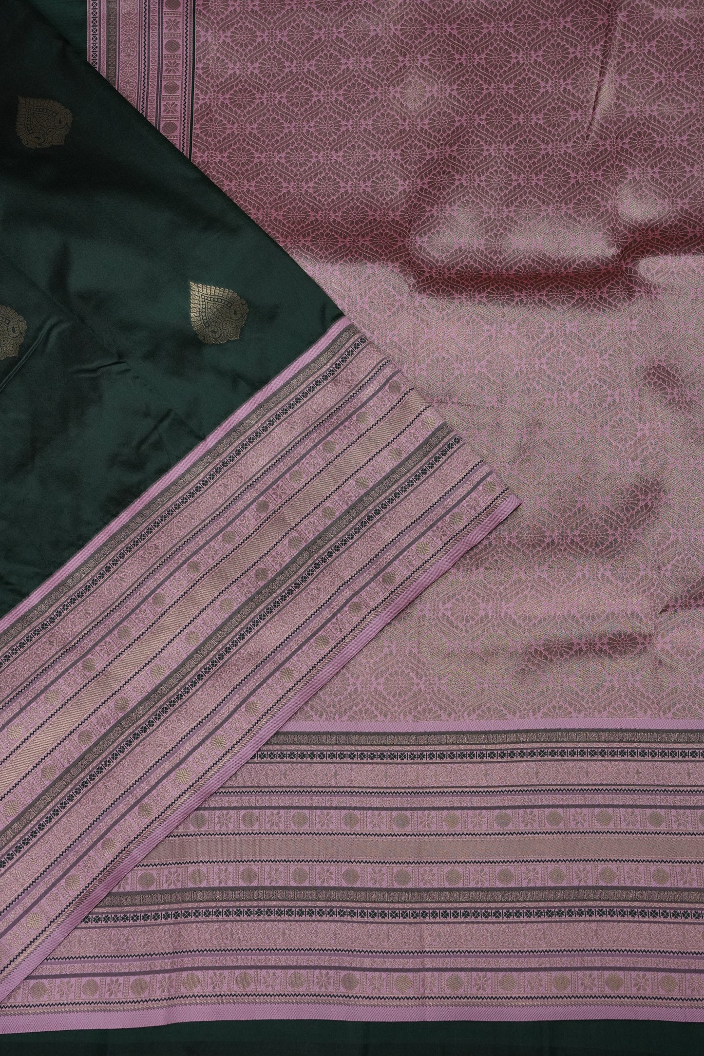 Emerald Green Semi Silk Saree with Muted Matte Pink Vintage Border