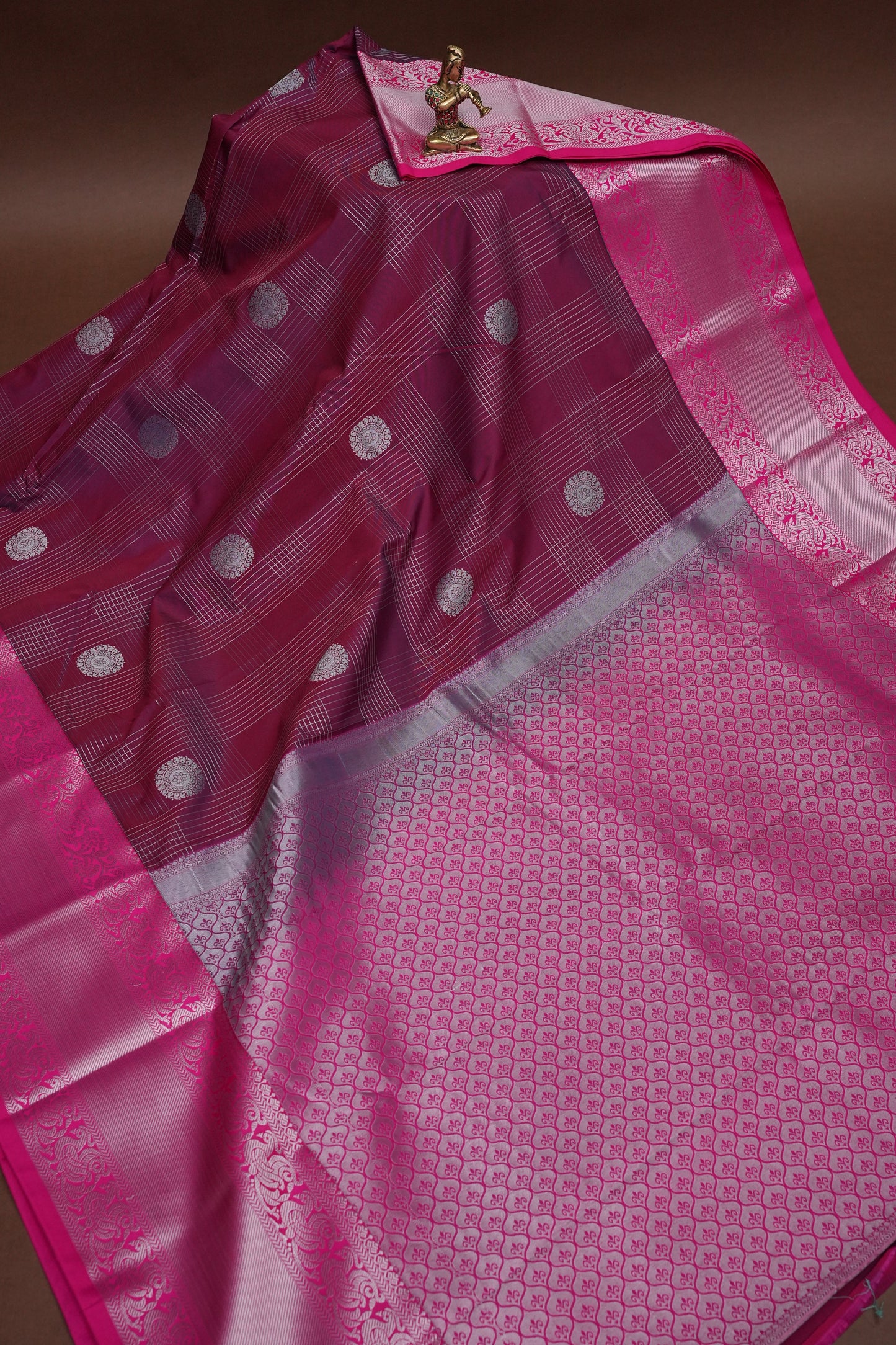 Kanchivaram Semi Silk Saree - Wine with Pink Korvai Border