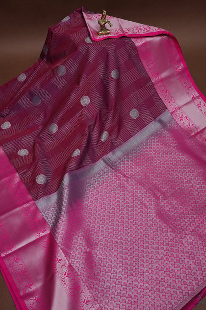 Kanchivaram Semi Silk Saree - Wine with Pink Korvai Border