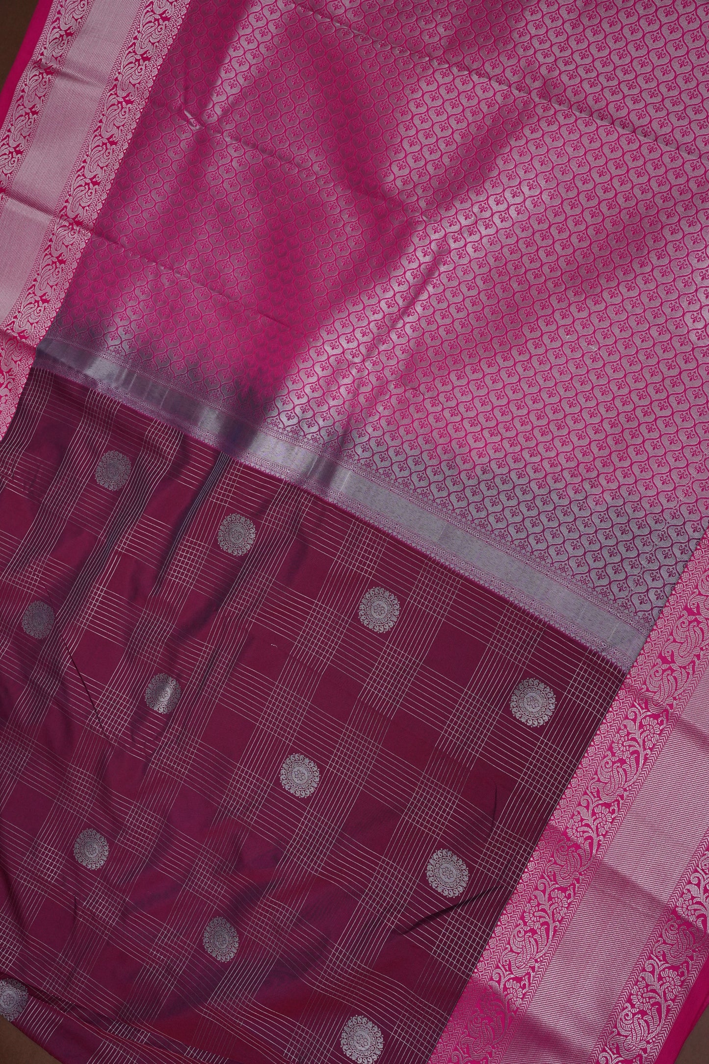 Kanchivaram Semi Silk Saree - Wine with Pink Korvai Border