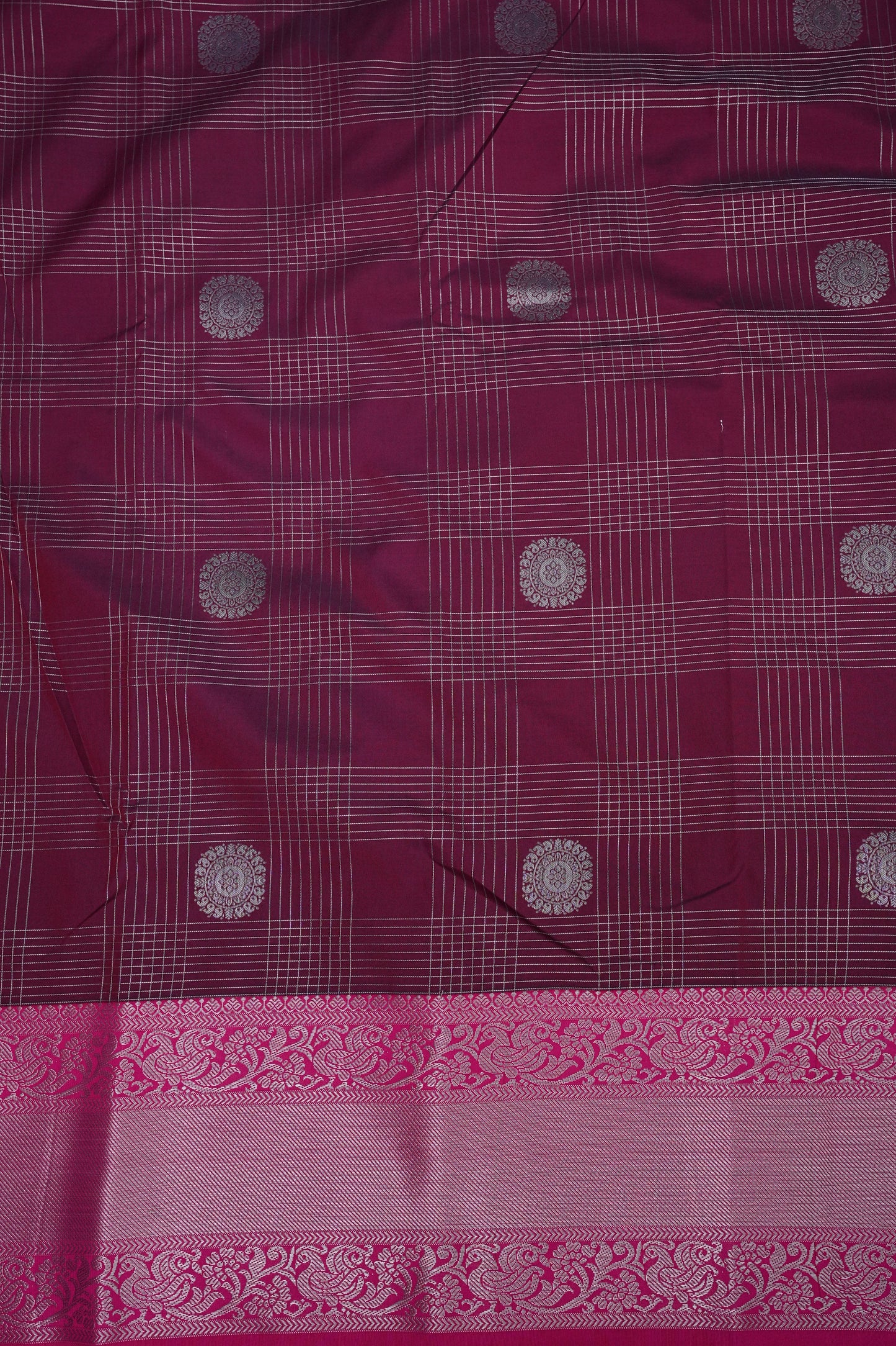 Kanchivaram Semi Silk Saree - Wine with Pink Korvai Border