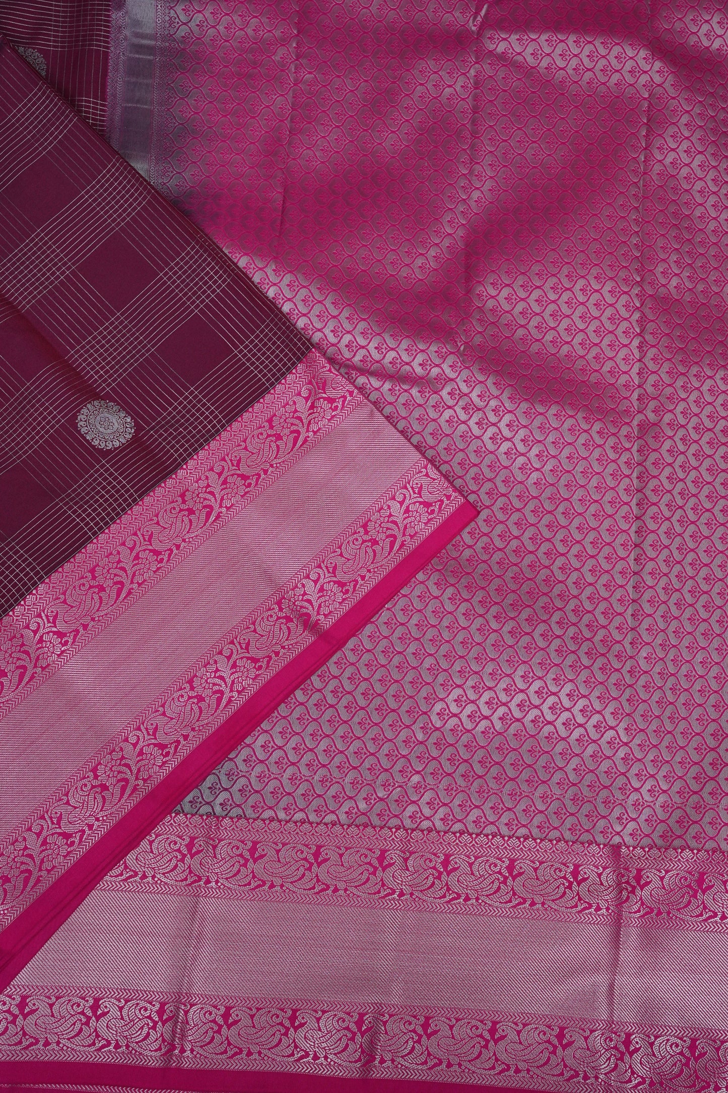 Kanchivaram Semi Silk Saree - Wine with Pink Korvai Border