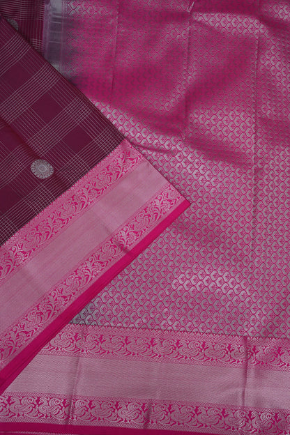 Kanchivaram Semi Silk Saree - Wine with Pink Korvai Border