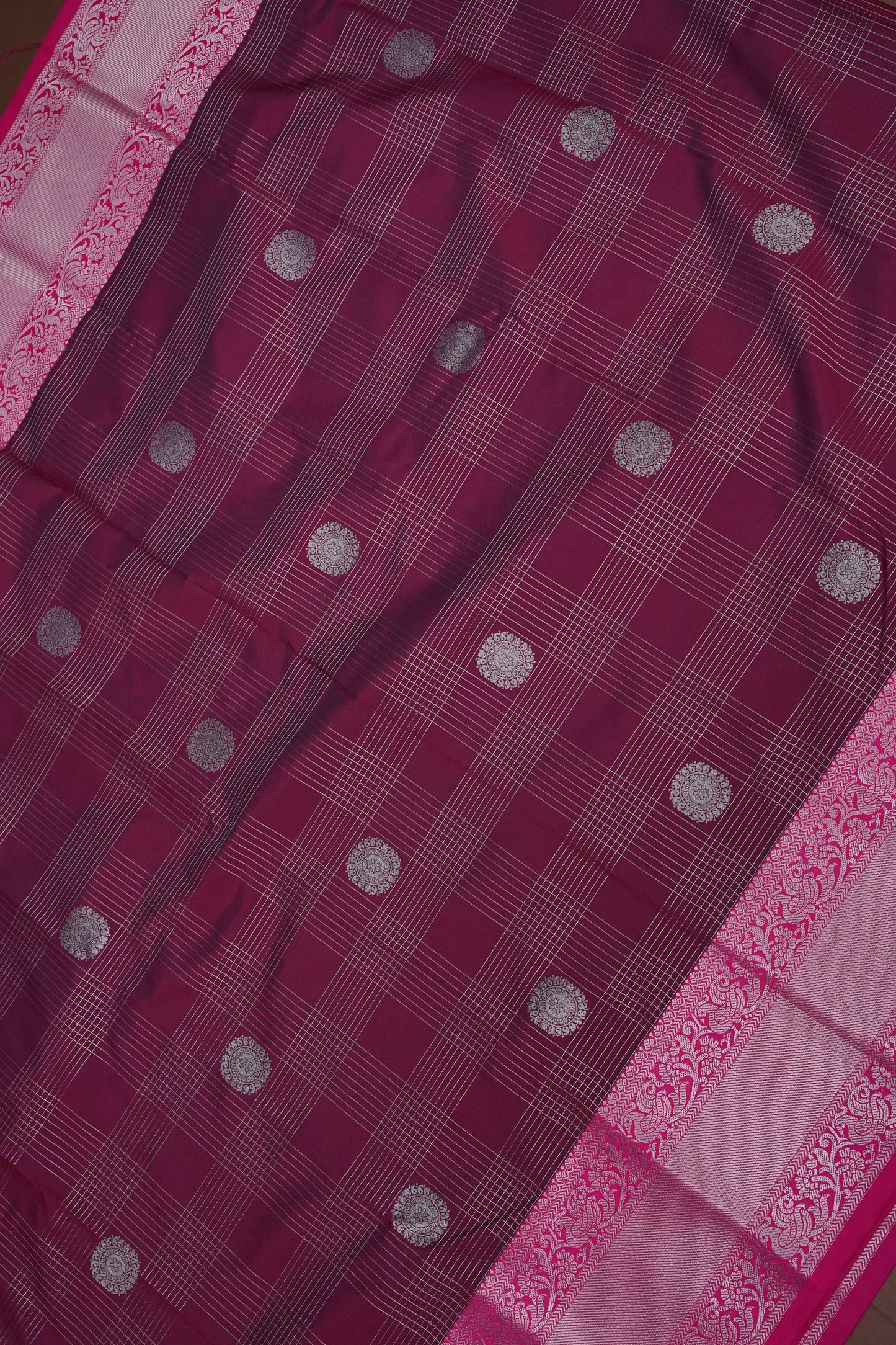 Kanchivaram Semi Silk Saree - Wine with Pink Korvai Border