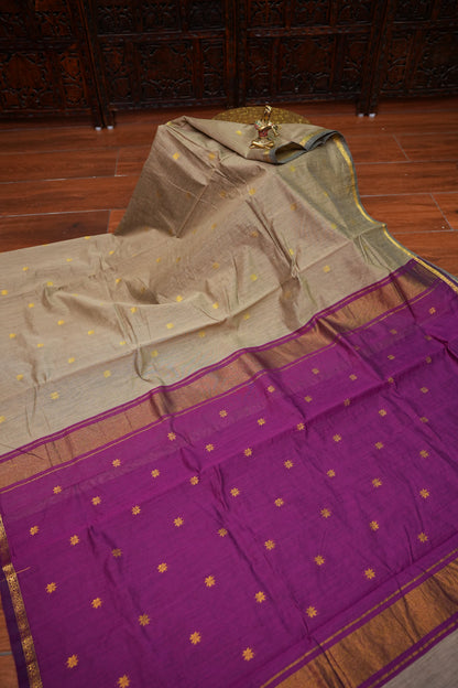 Maheshwari Silk Cotton Saree | Beige with Purple