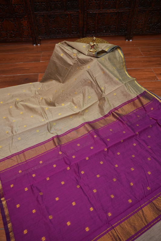 Maheshwari Silk Cotton Saree | Beige with Purple