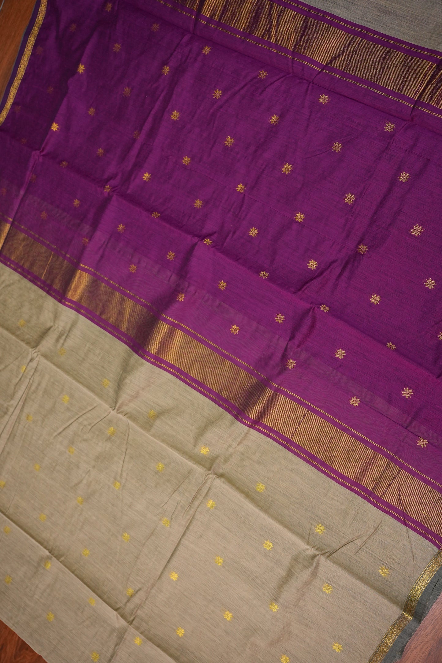 Maheshwari Silk Cotton Saree | Beige with Purple