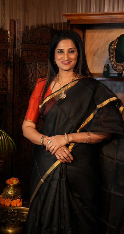 Silk Kota Plain Saree - Black