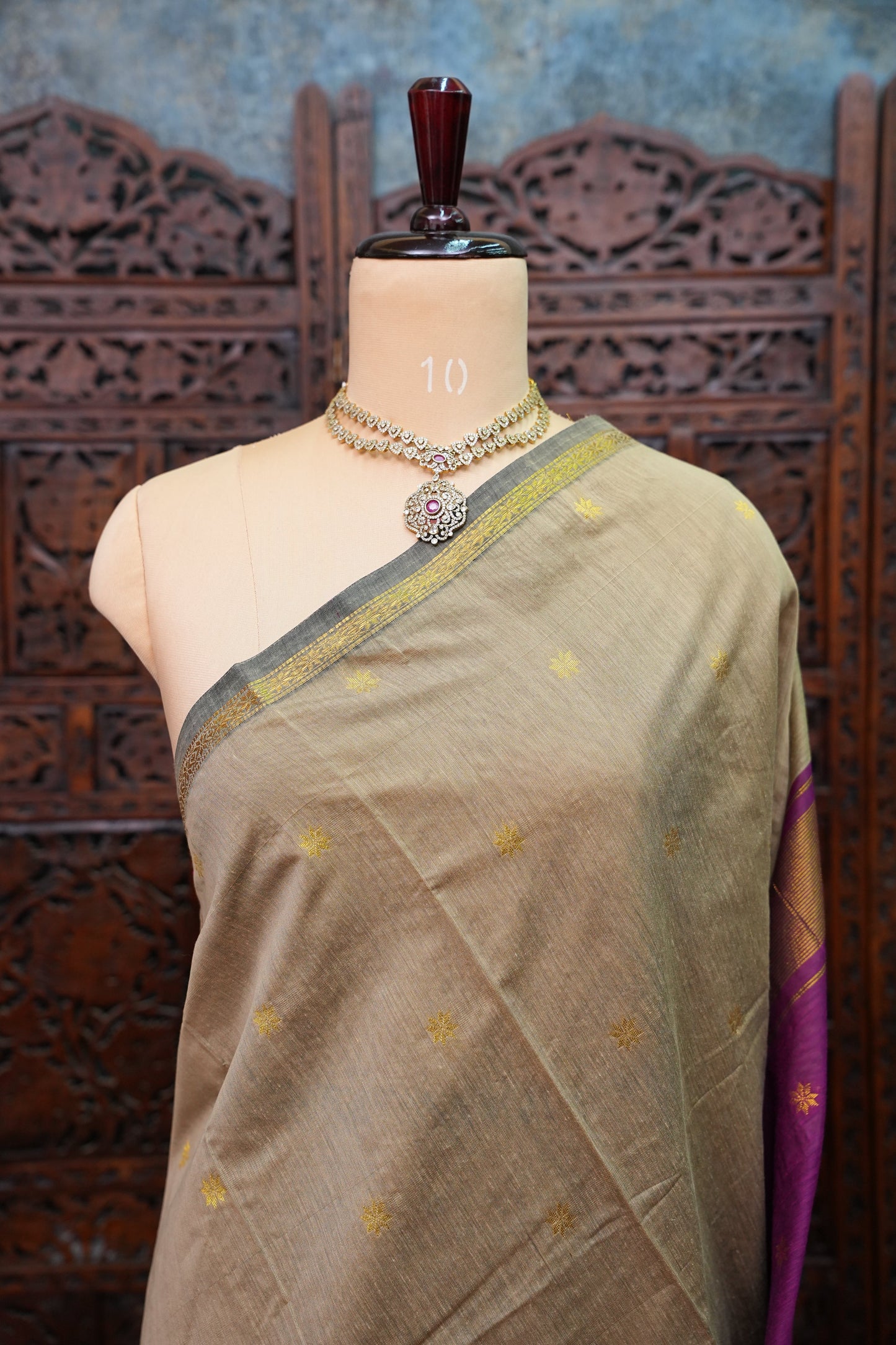 Maheshwari Silk Cotton Saree | Beige with Purple
