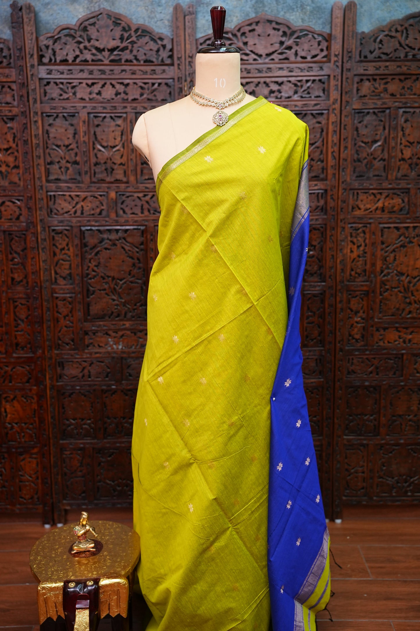 Maheshwari Silk Cotton Saree | Mustard With Red