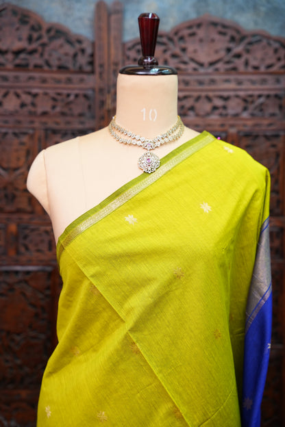 Maheshwari Silk Cotton Saree | Mustard With Red