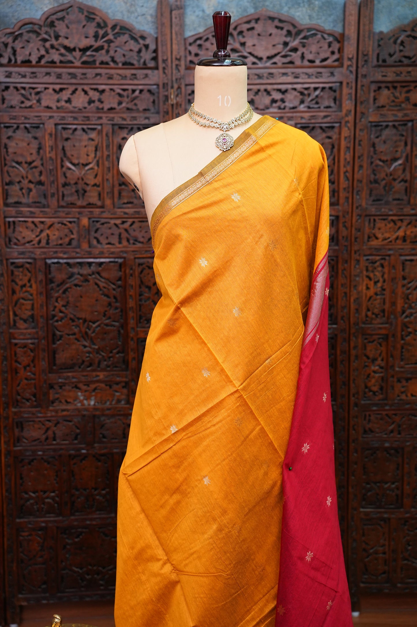 Maheshwari Silk Cotton Saree | Mustard With Red