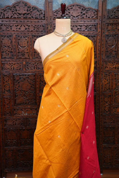 Maheshwari Silk Cotton Saree | Mustard With Red