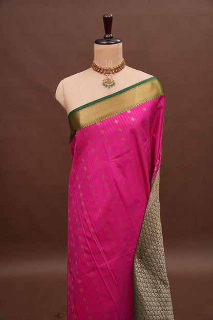 Kanchivaram Semi Silk Saree - Pink with Emerald Green