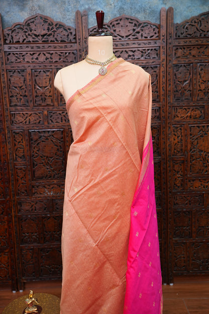 Maheshwari Silk Cotton Saree | Peach With Pink