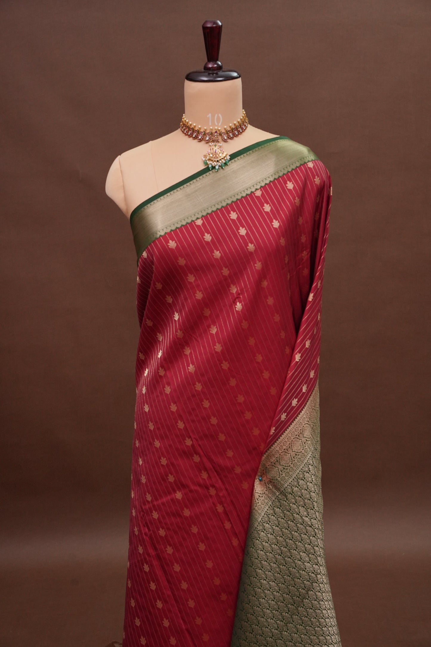 Kanchivaram Semi Silk Saree - Maroon with Emerald Green