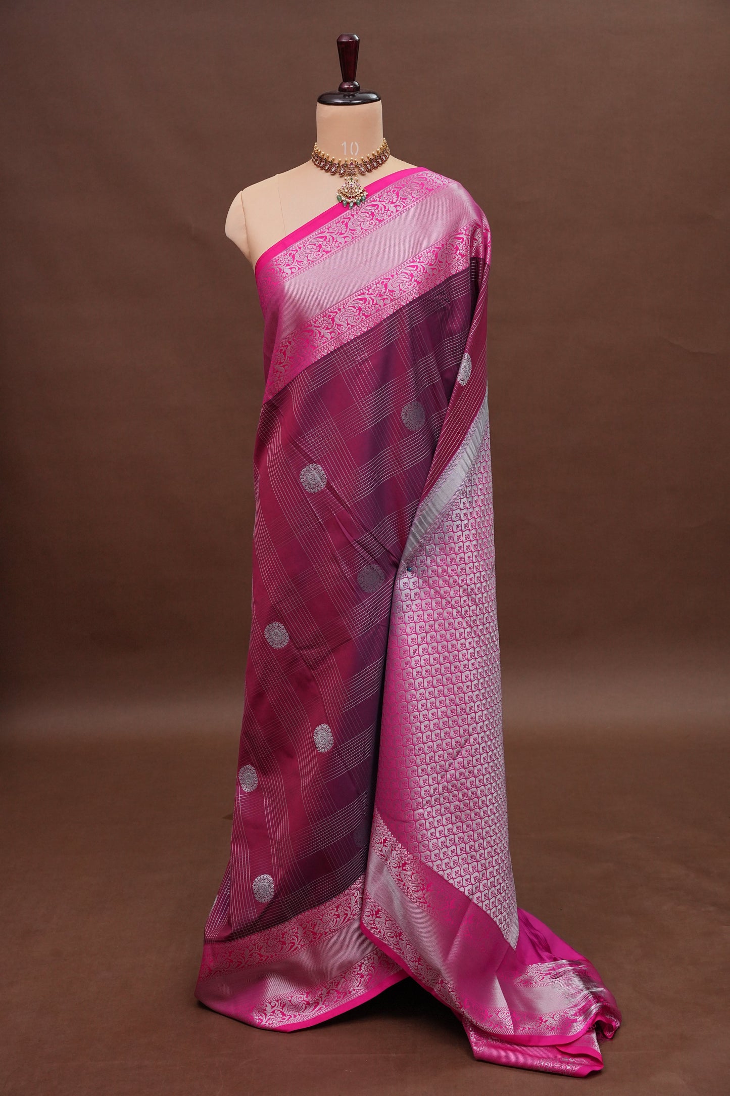 Kanchivaram Semi Silk Saree - Wine with Pink Korvai Border