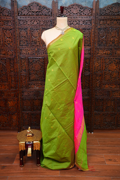 Maheshwari Silk Cotton Saree | Green With Pink