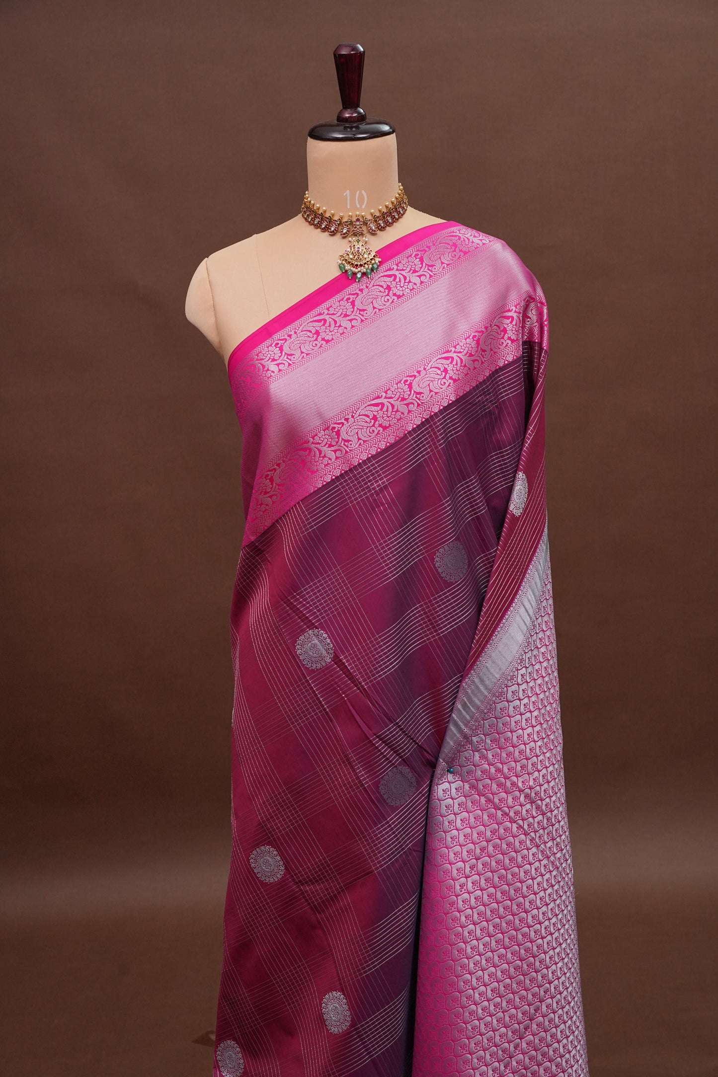 Kanchivaram Semi Silk Saree - Wine with Pink Korvai Border
