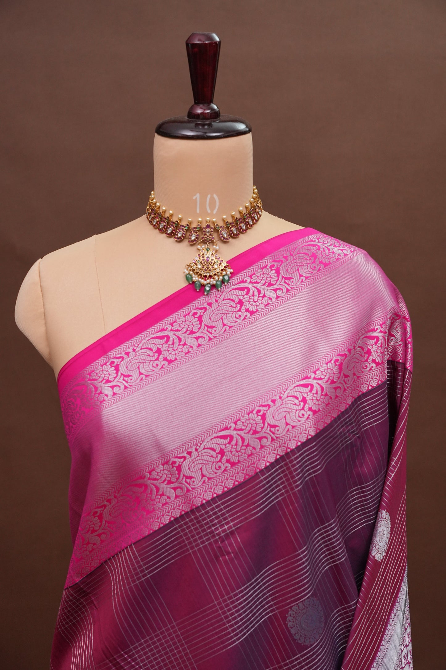 Kanchivaram Semi Silk Saree - Wine with Pink Korvai Border