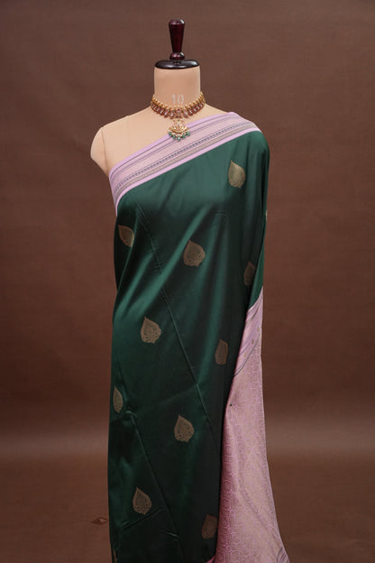 Emerald Green Semi Silk Saree with Muted Matte Pink Vintage Border