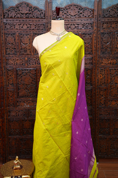 Maheshwari Silk Cotton Saree | Parrot Green With Pink