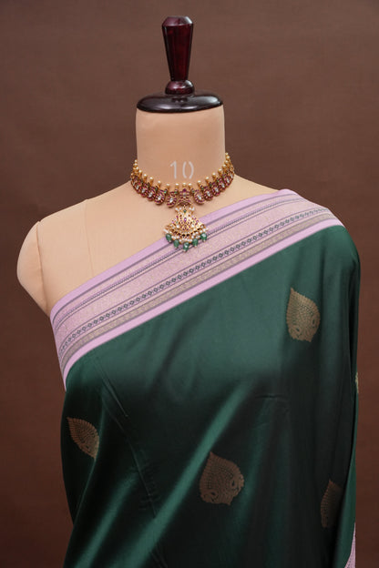 Emerald Green Semi Silk Saree with Muted Matte Pink Vintage Border